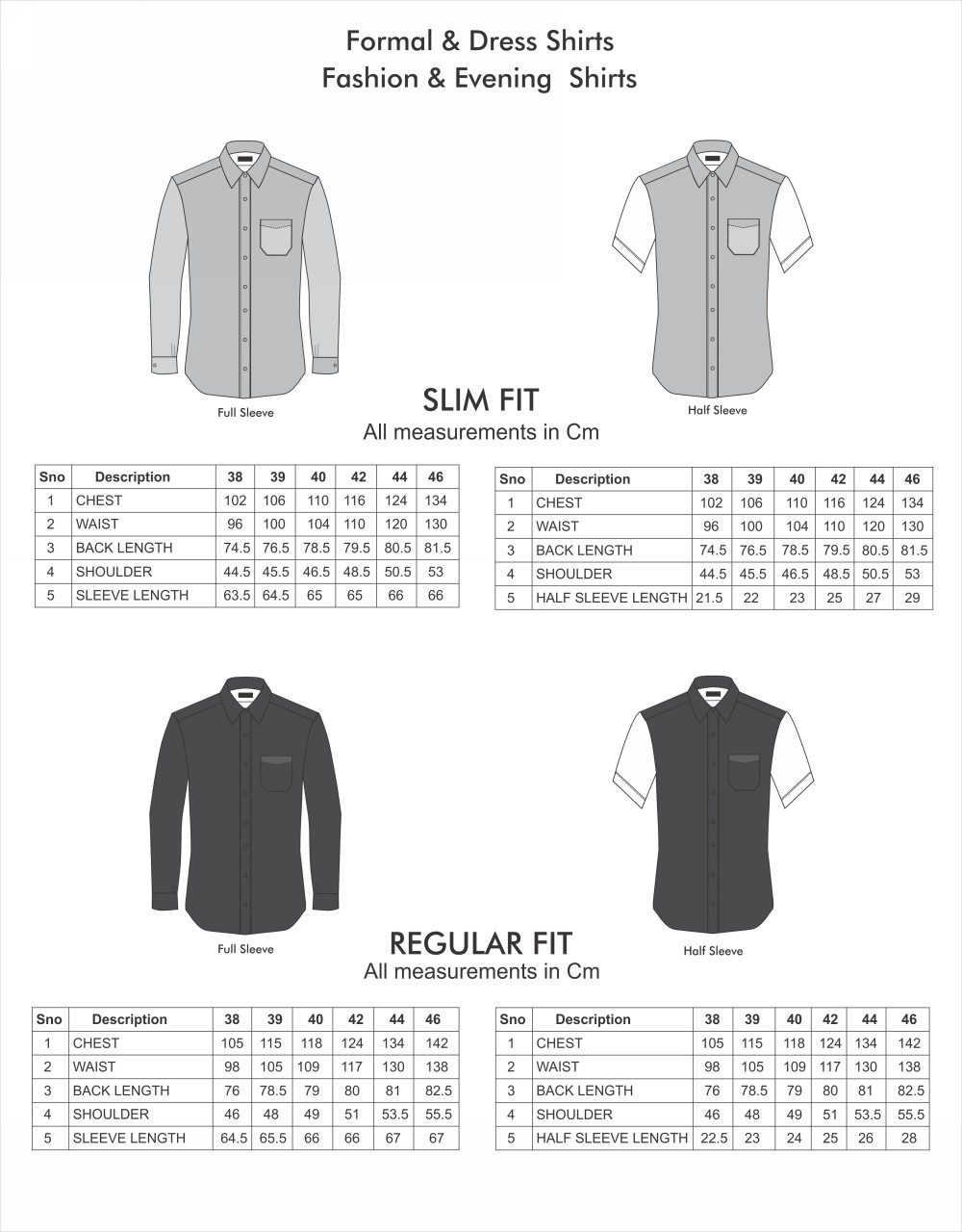 Formal Fashion Shirts Size Chart